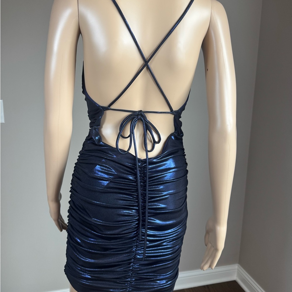 AKIRA Metallic Navy Ruched Bodycon Mini Dress Open Back Clubwear NWT - Picture 7 of 8